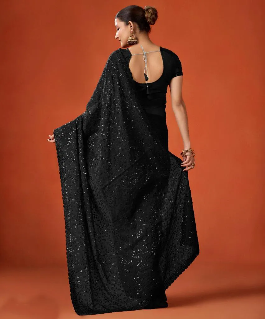 Black FB-NC Moss Sequins Embroidered Party Wear Saree - Image 3