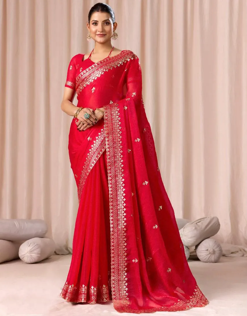 Red Chiffon Pitha Work Party Wear Saree