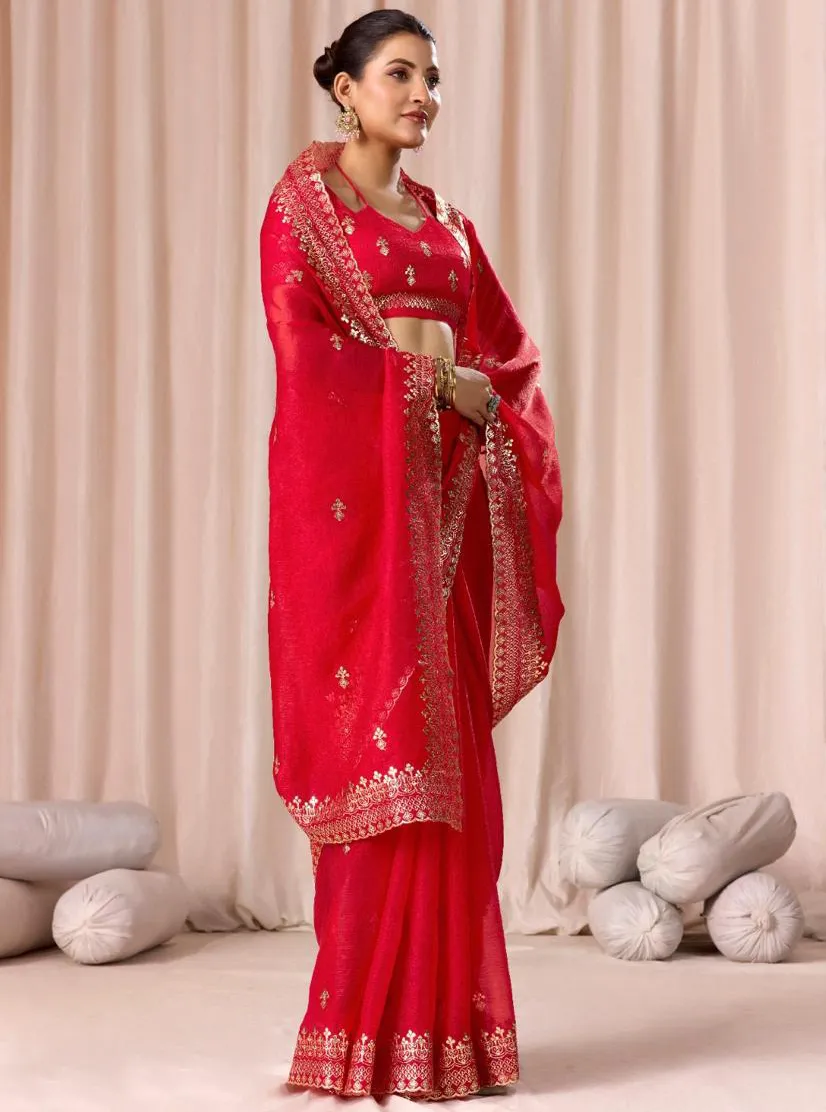 Red Chiffon Pitha Work Party Wear Saree - Image 2