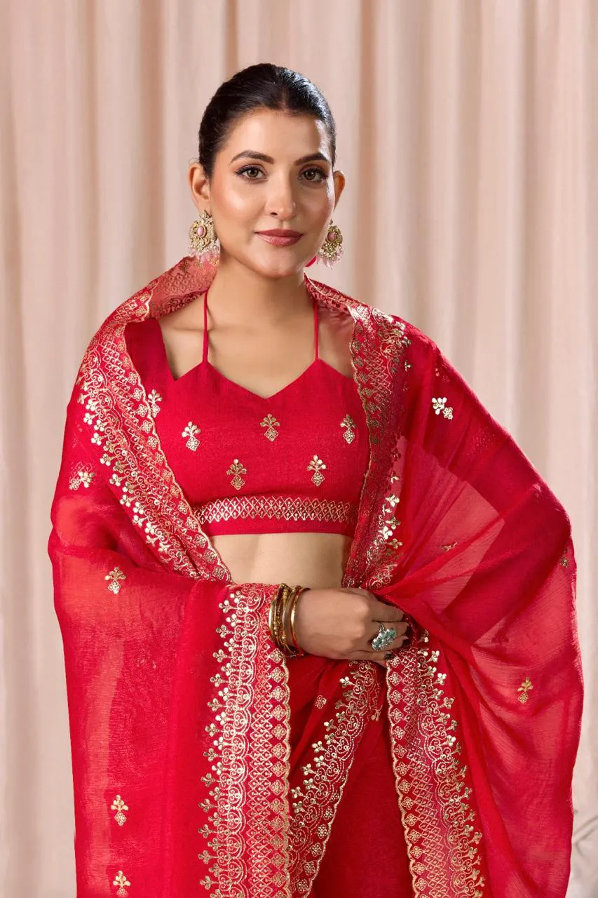 Red Chiffon Pitha Work Party Wear Saree - Image 4
