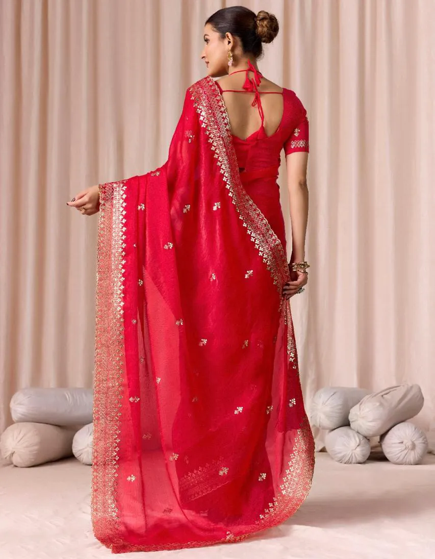 Red Chiffon Pitha Work Party Wear Saree - Image 3