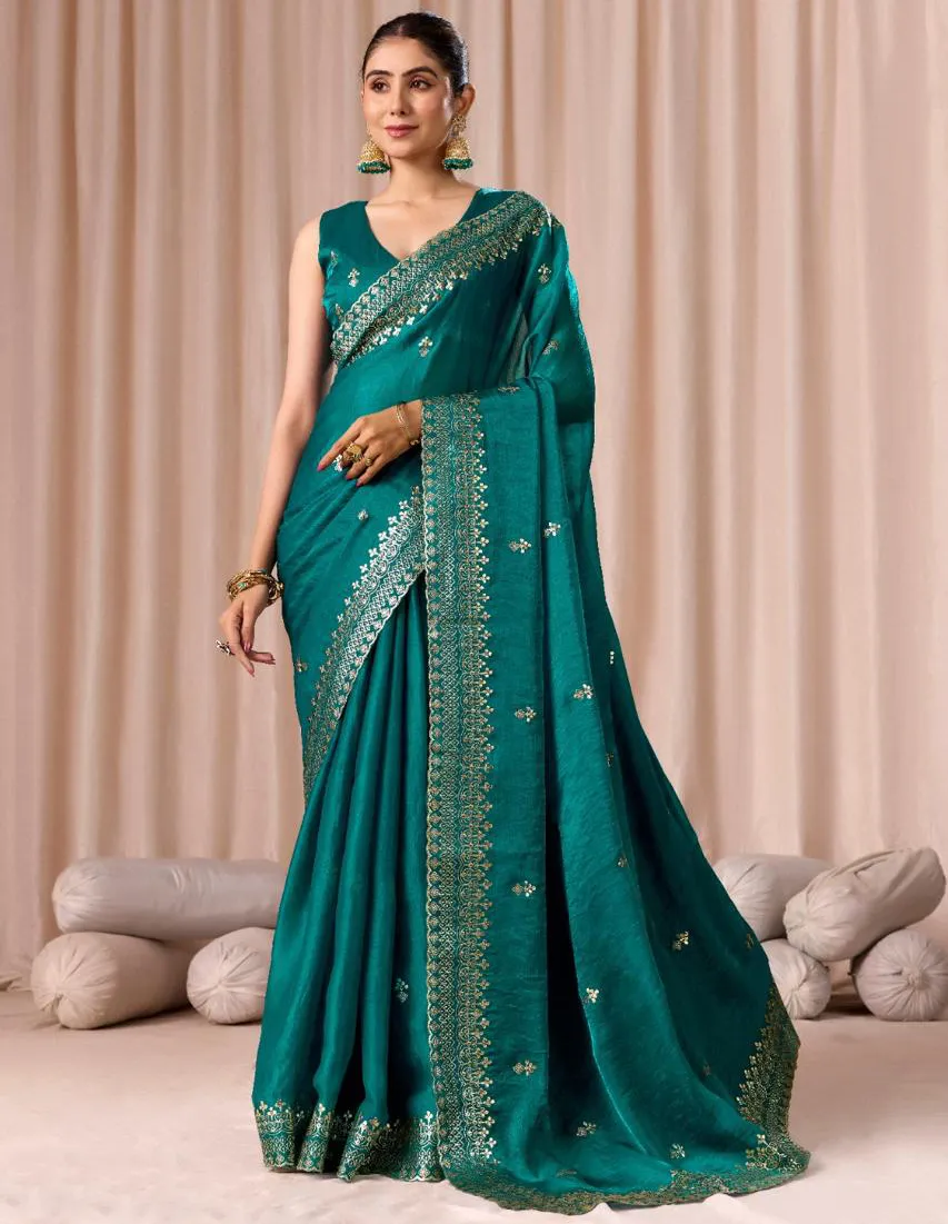 Teal Green Chiffon Pitha Work Party Wear Saree