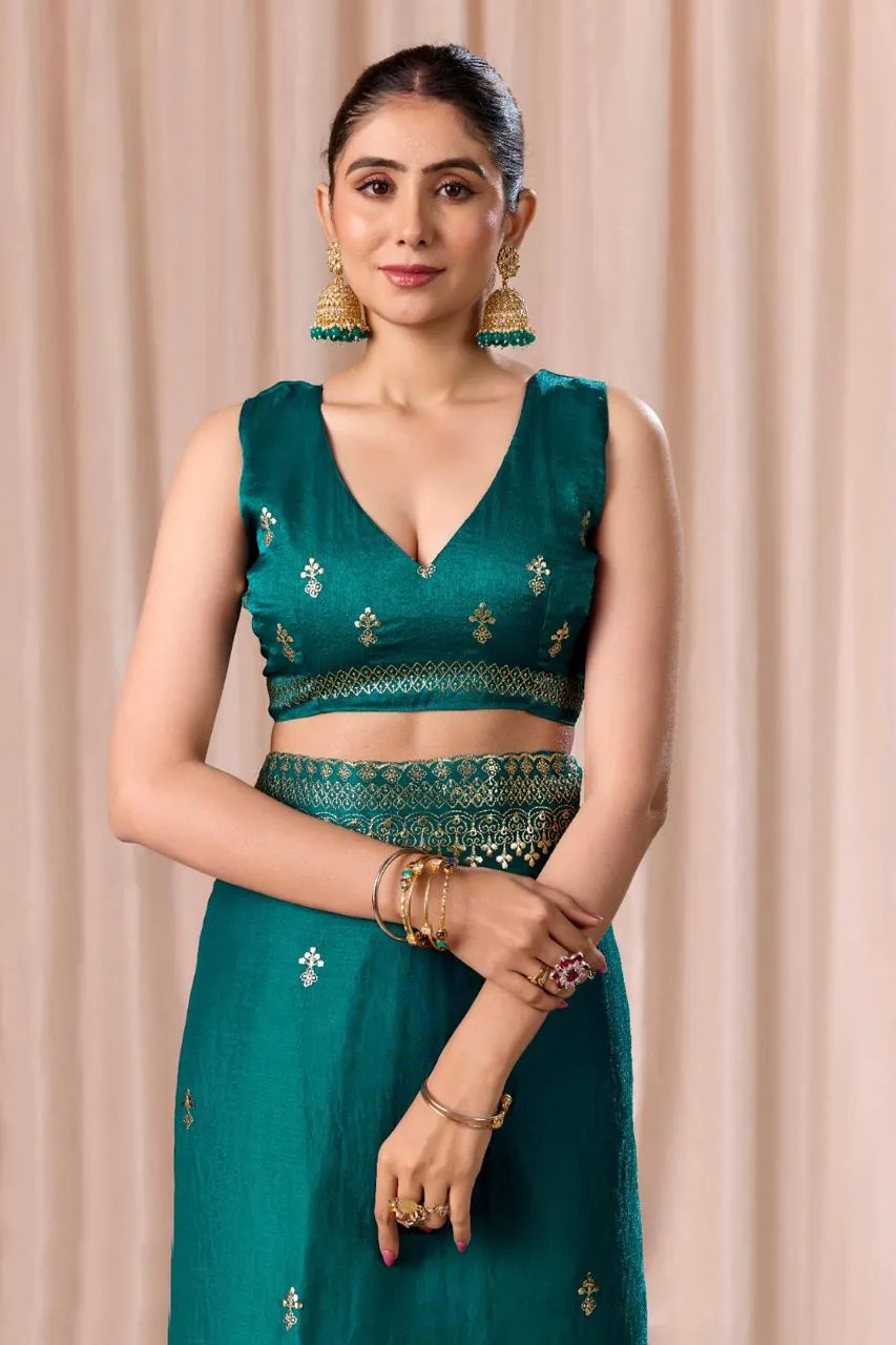 Teal Green Chiffon Pitha Work Party Wear Saree - Image 3