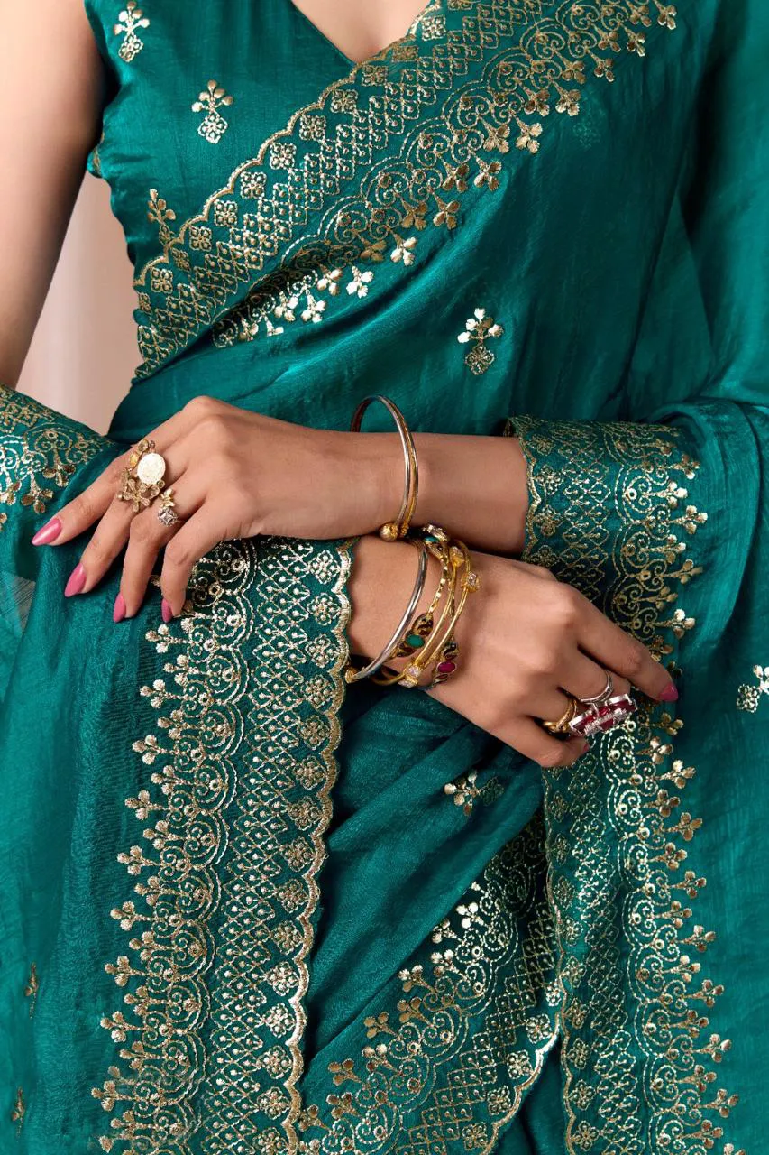Teal Green Chiffon Pitha Work Party Wear Saree - Image 4
