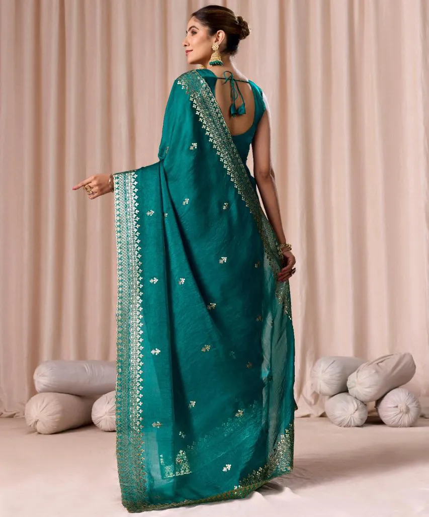 Teal Green Chiffon Pitha Work Party Wear Saree - Image 2