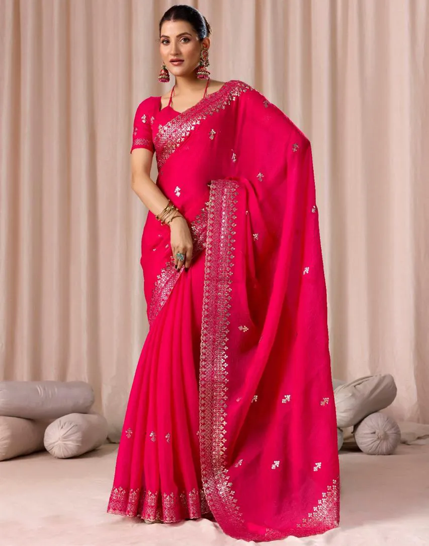 Magenta Pink Chiffon Pitha Work Party Wear Saree