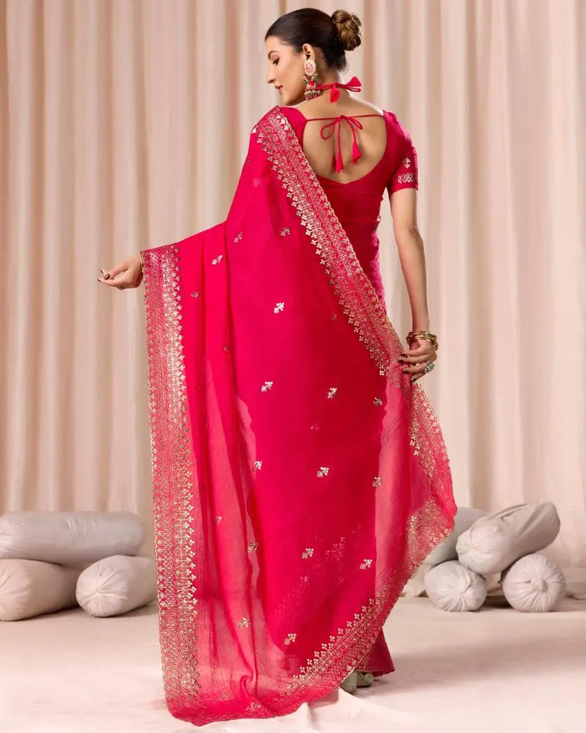 Magenta Pink Chiffon Pitha Work Party Wear Saree - Image 2