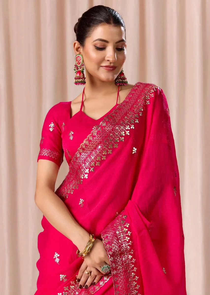 Magenta Pink Chiffon Pitha Work Party Wear Saree - Image 3