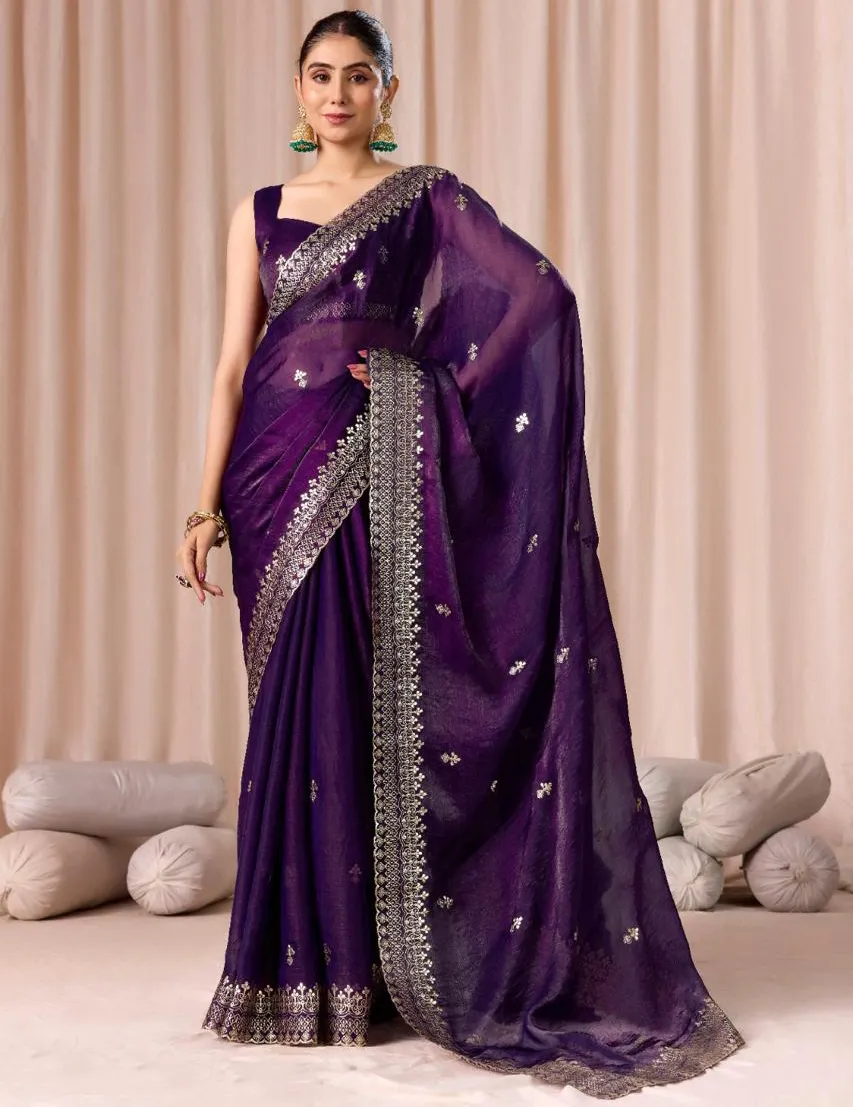 Violet Chiffon Pitha Work Party Wear Saree