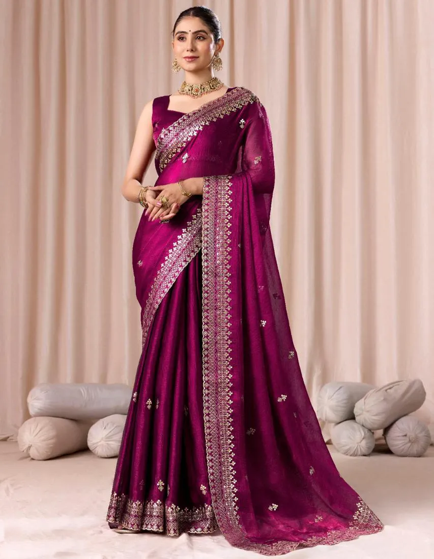 Wine Chiffon Pitha Work Party Wear Saree