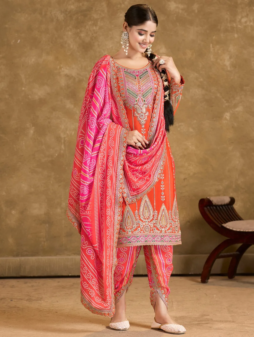 Orange Premium Fiber Chinon Mirror Handwork Readymade Punjabi Suit