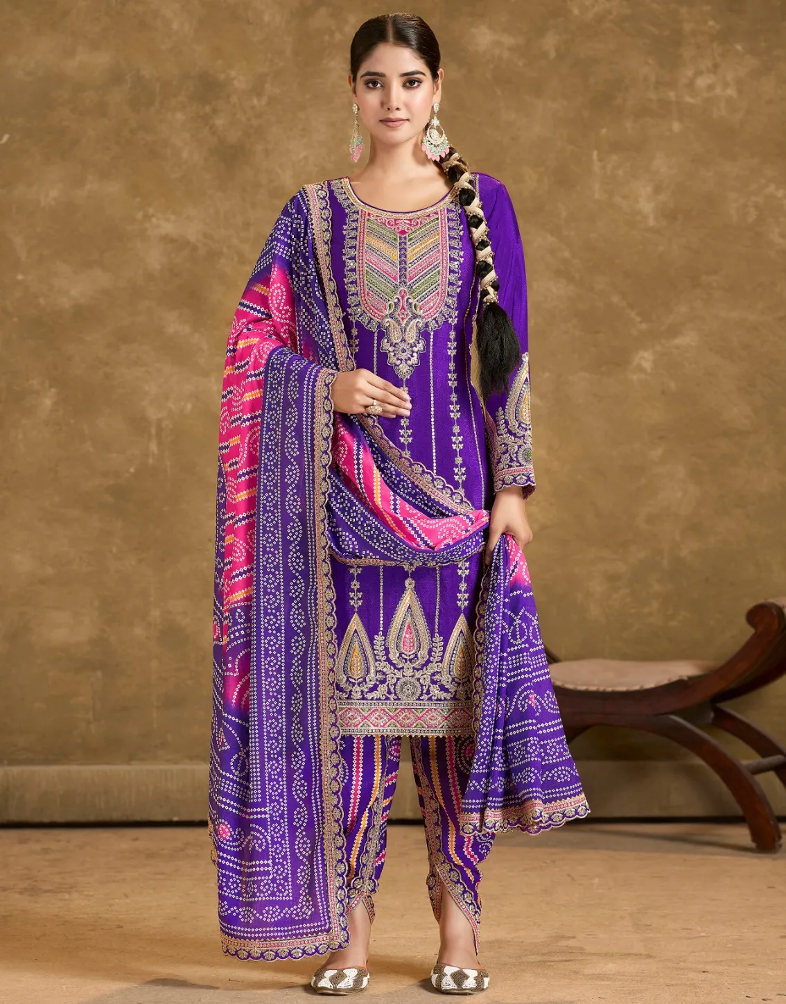 Violet Premium Fiber Chinon Mirror Handwork Readymade Punjabi Suit