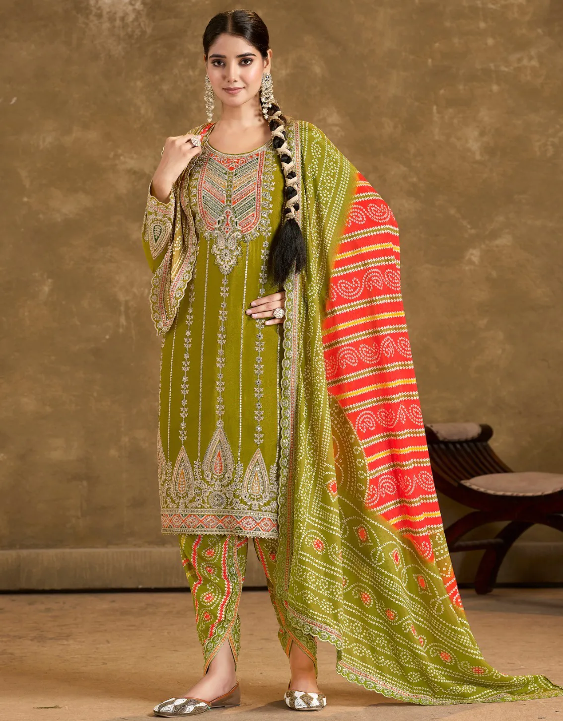 Olive Green Premium Fiber Chinon Mirror Handwork Readymade Punjabi Suit