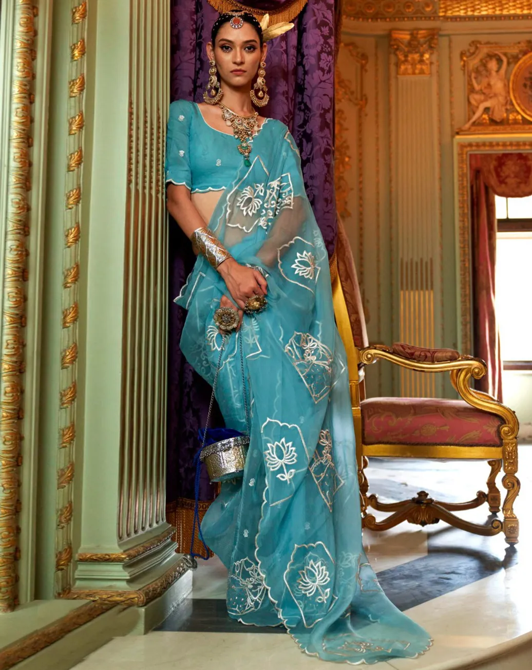 Light Blue Ruby Chiffon Multi Thread Embroidered Saree