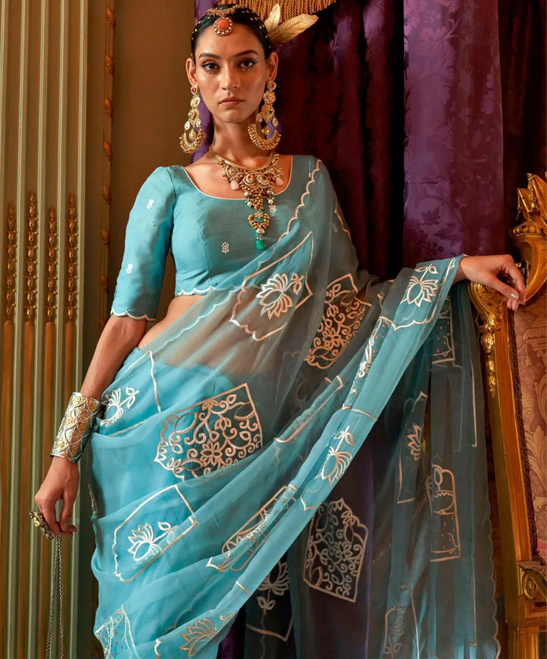 Light Blue Ruby Chiffon Multi Thread Embroidered Saree - Image 2