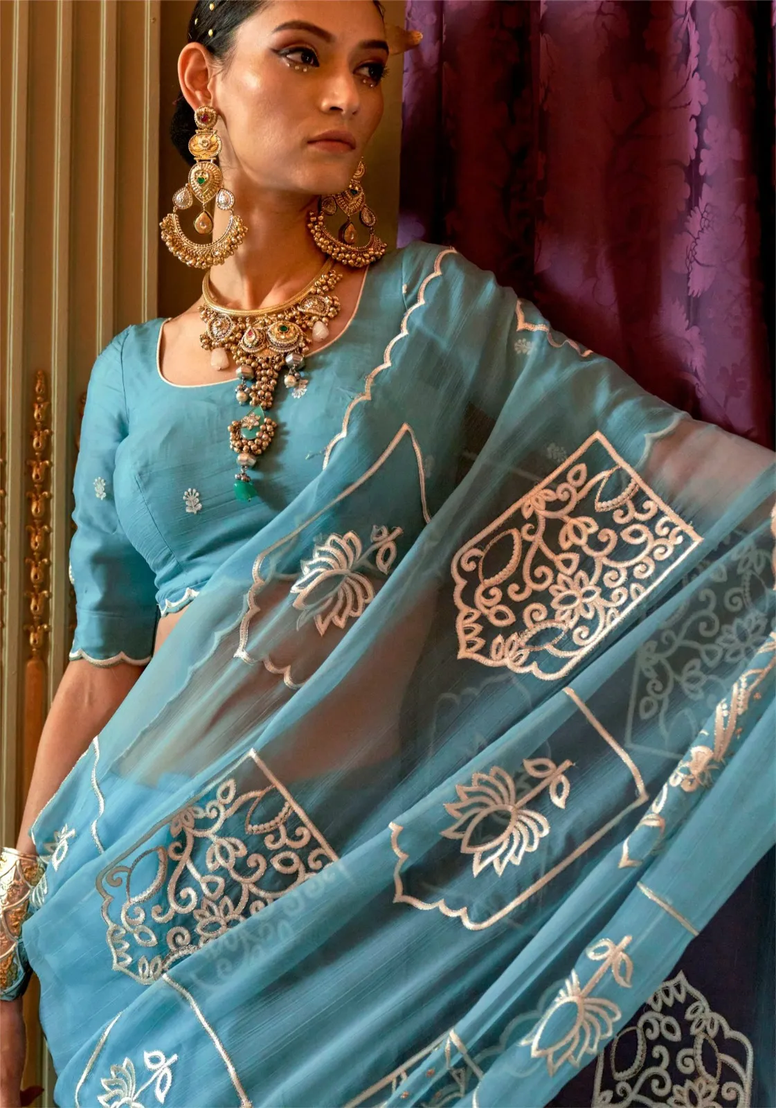 Light Blue Ruby Chiffon Multi Thread Embroidered Saree - Image 3