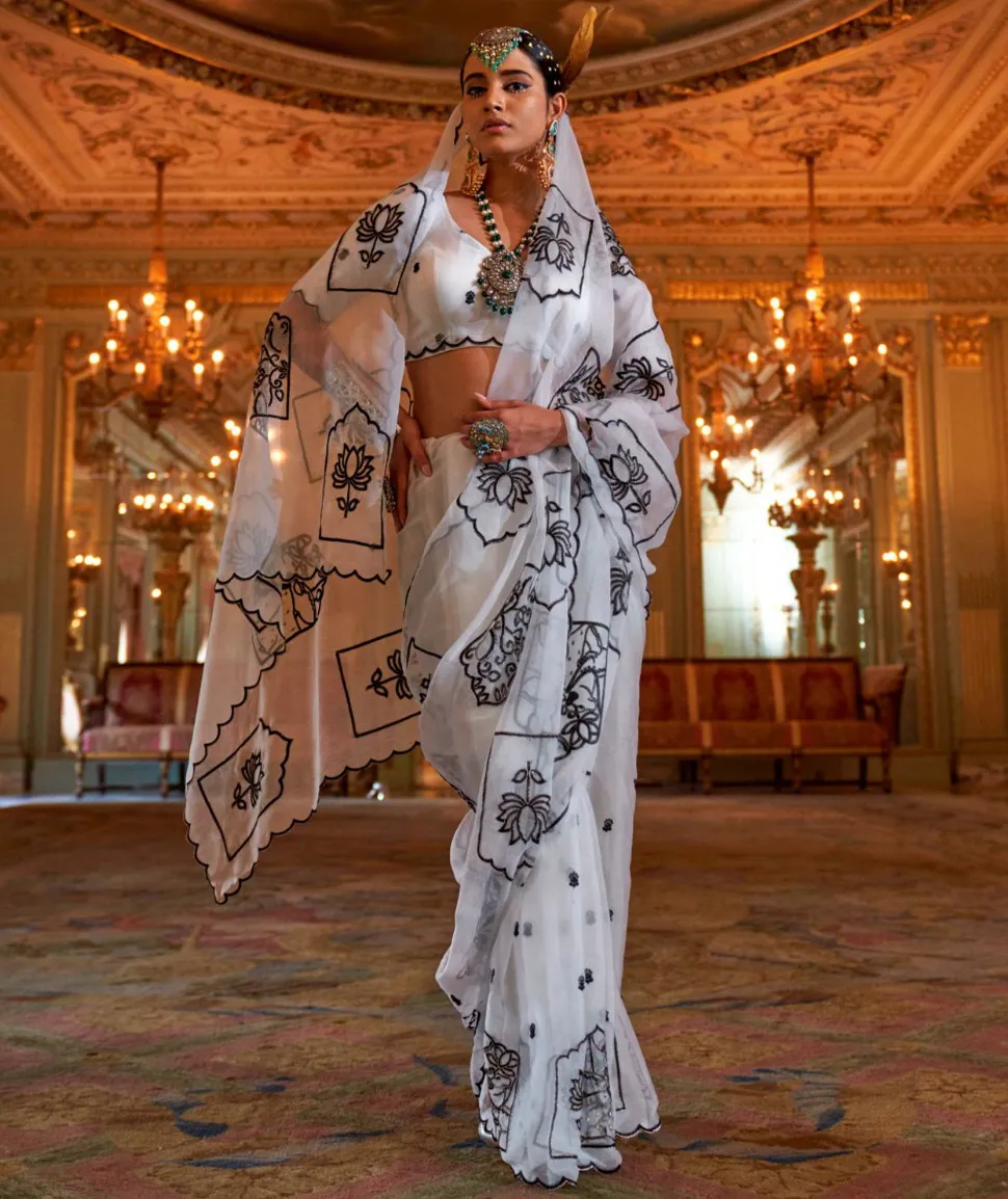 White Ruby Chiffon Multi Thread Embroidered Saree