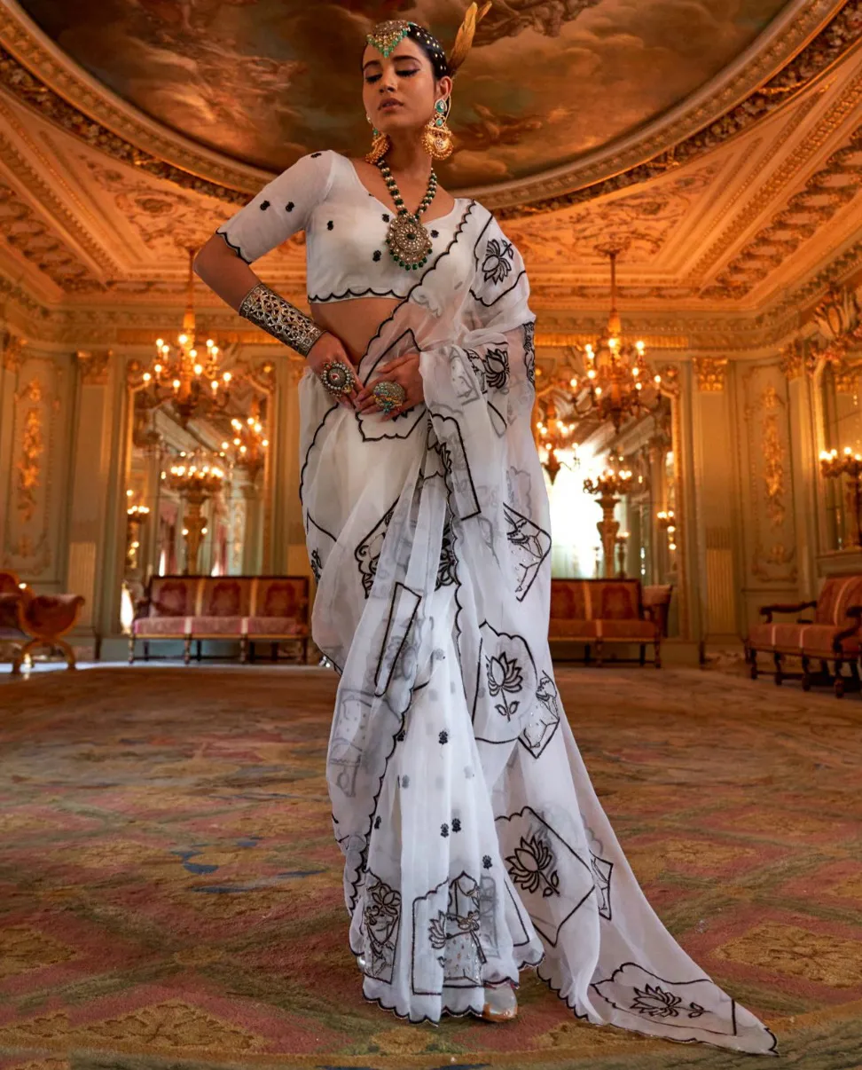 White Ruby Chiffon Multi Thread Embroidered Saree - Image 2