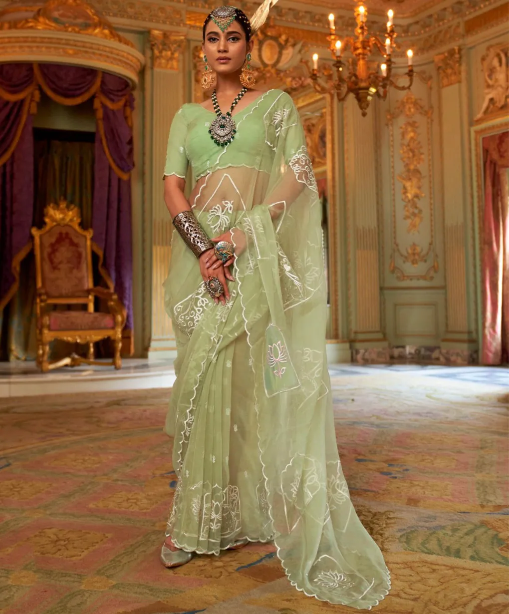 Mint Green Ruby Chiffon Multi Thread Embroidered Saree