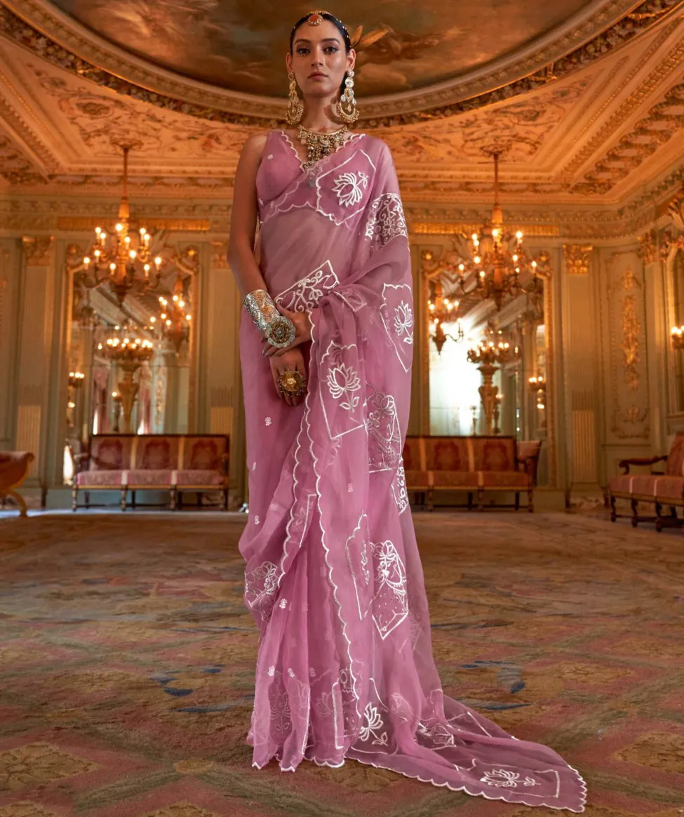 Pink Ruby Chiffon Multi Thread Embroidered Saree