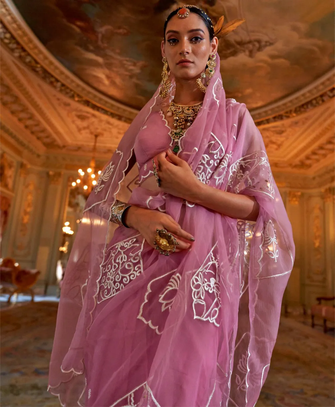 Pink Ruby Chiffon Multi Thread Embroidered Saree - Image 2