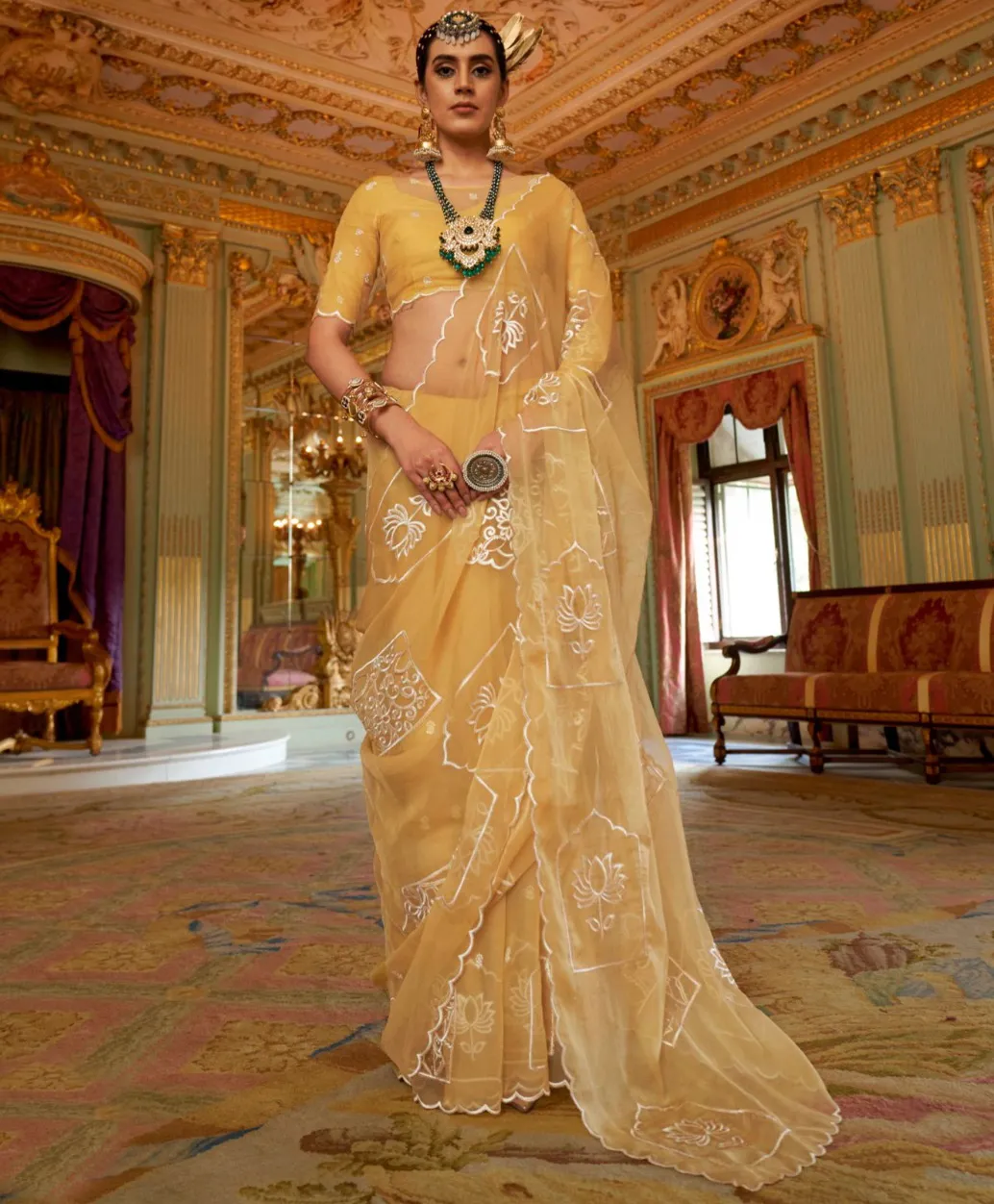 Yellow Ruby Chiffon Multi Thread Embroidered Saree