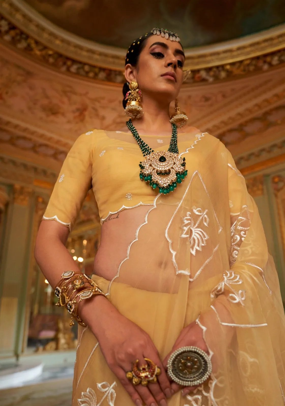 Yellow Ruby Chiffon Multi Thread Embroidered Saree - Image 2