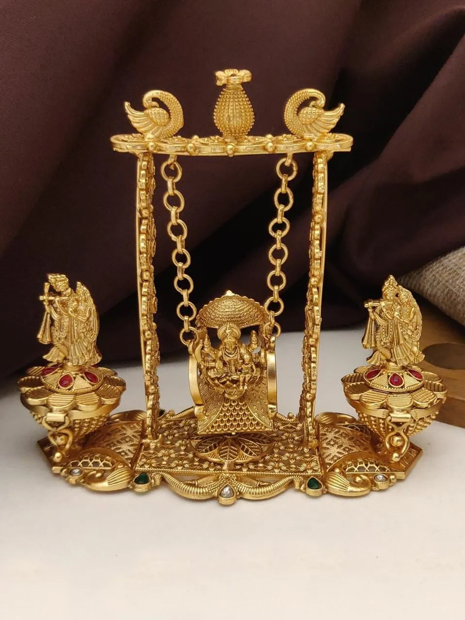 Gold Royal Radha-Krishna & Ganesha Jhula Twin Kumkum Boxes