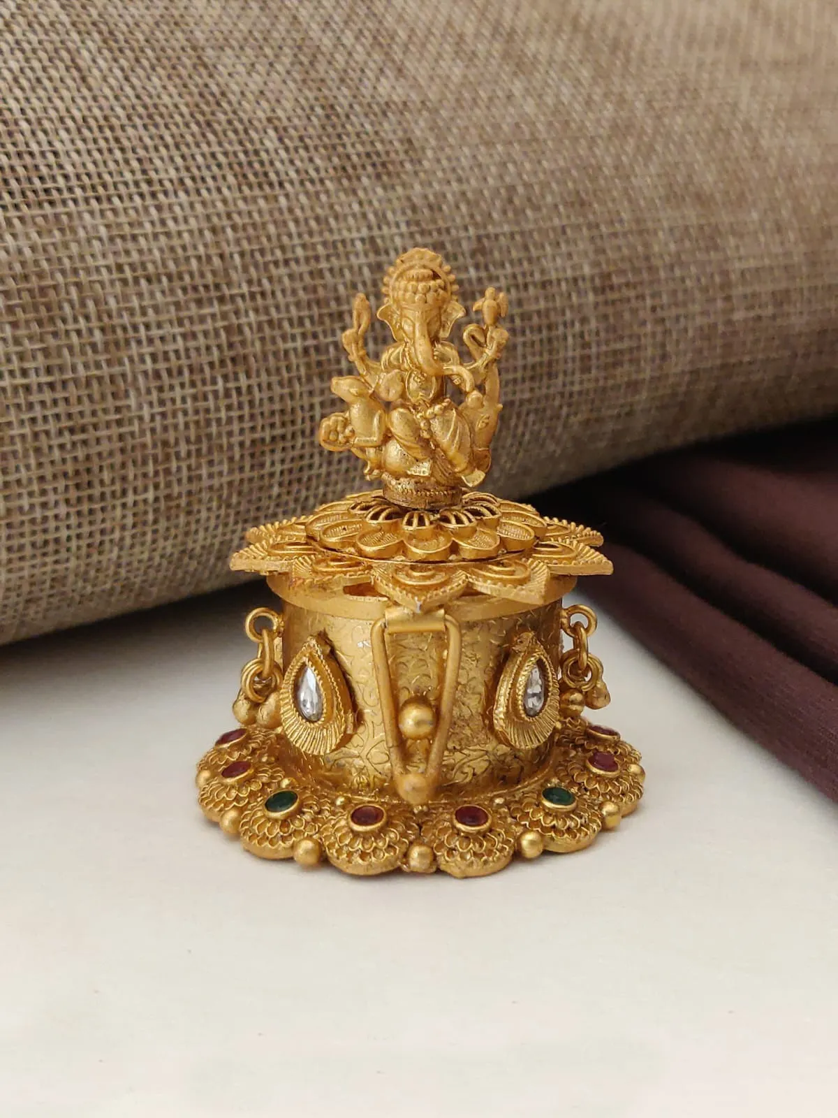 Lotus Base Gold Ganesha Kankawati With Stone Work