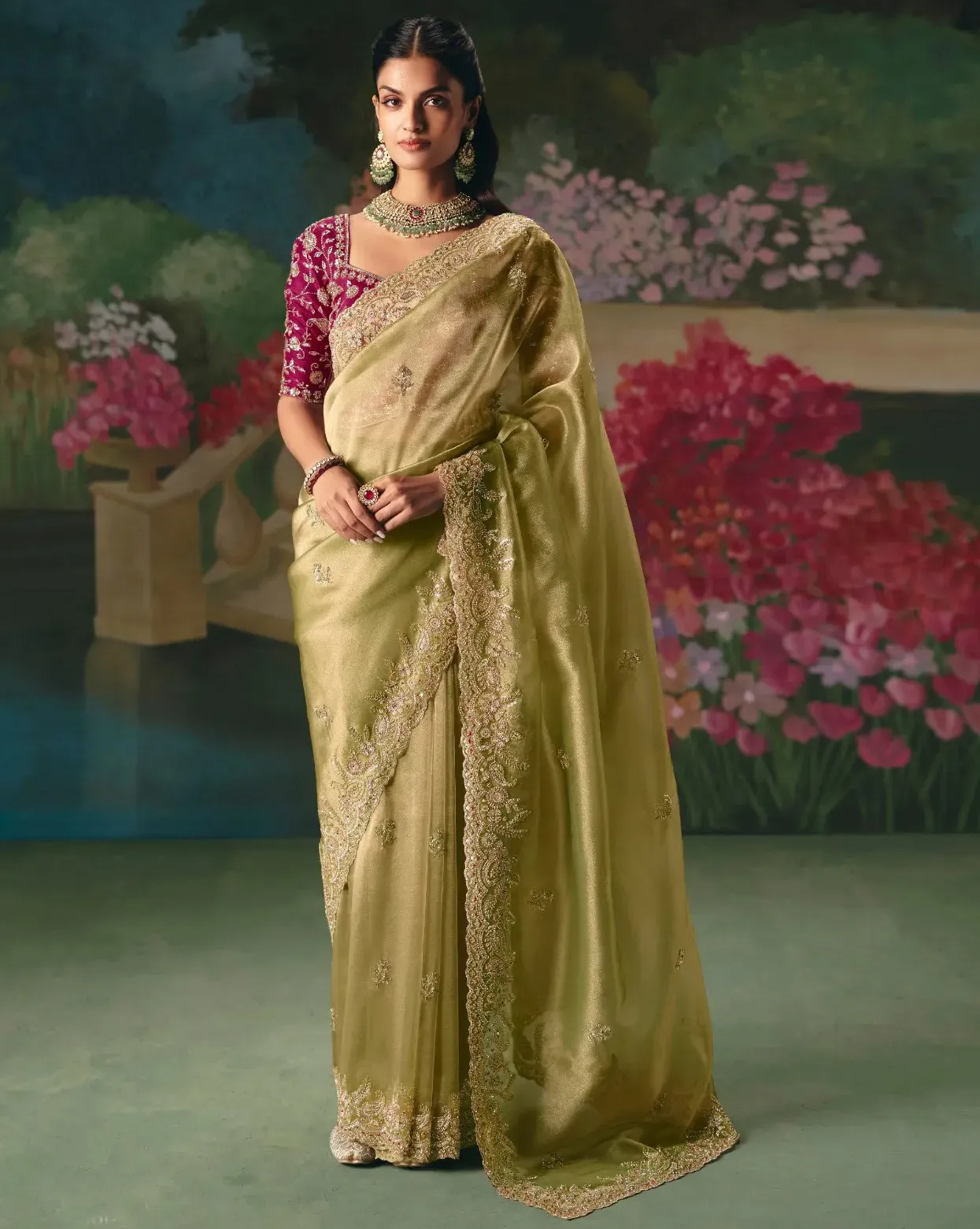 Olive Gold Premium Fancy Saree with Heavy Designer Work Blouse