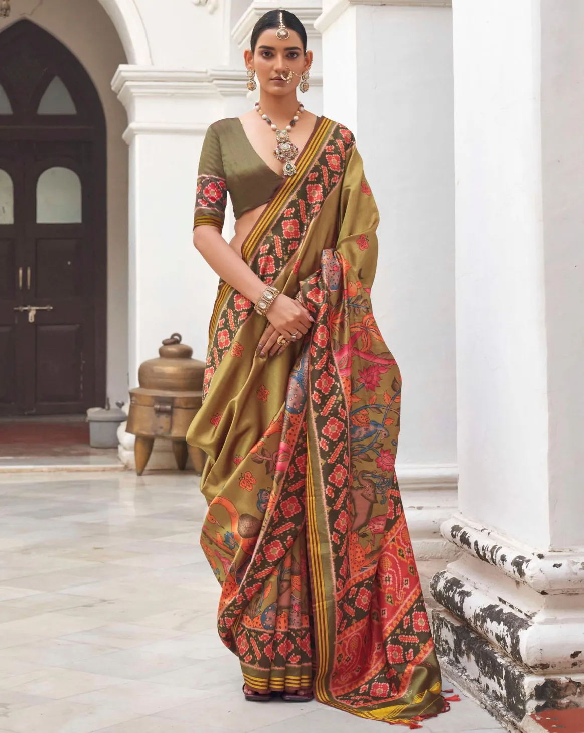 Olive Green Superior Twill P.V.Silk Patola Print Traditional Saree