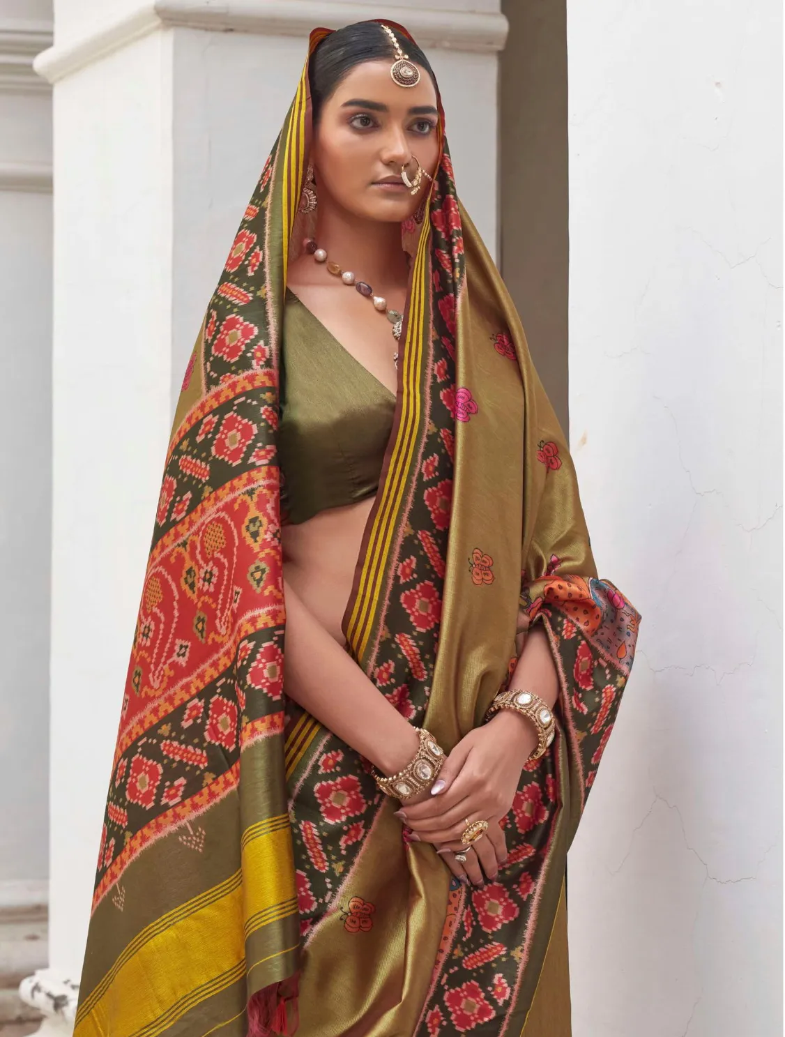 Olive Green Superior Twill P.V.Silk Patola Print Traditional Saree - Image 2