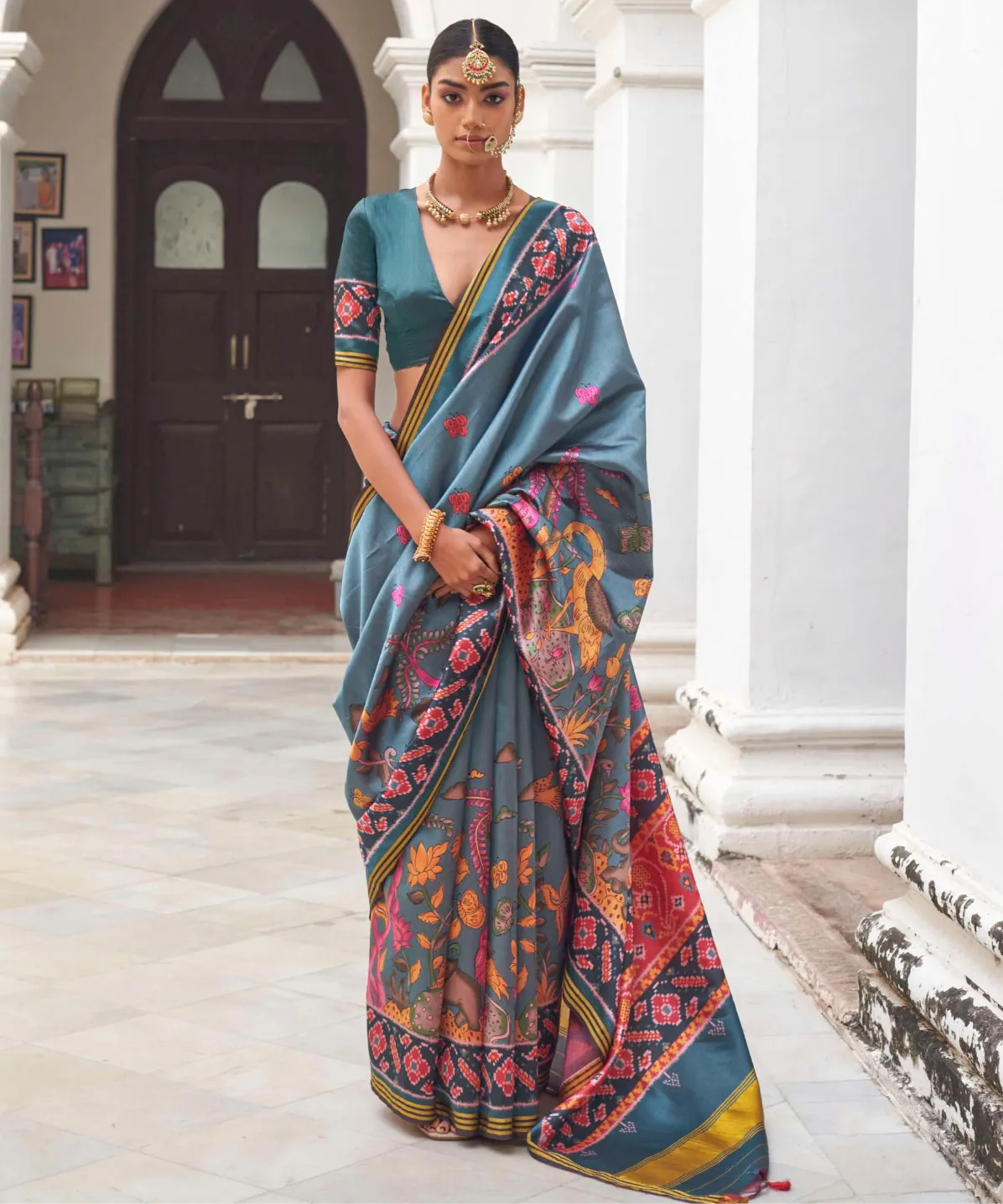 Blue Superior Twill P.V.Silk Patola Print Traditional Saree
