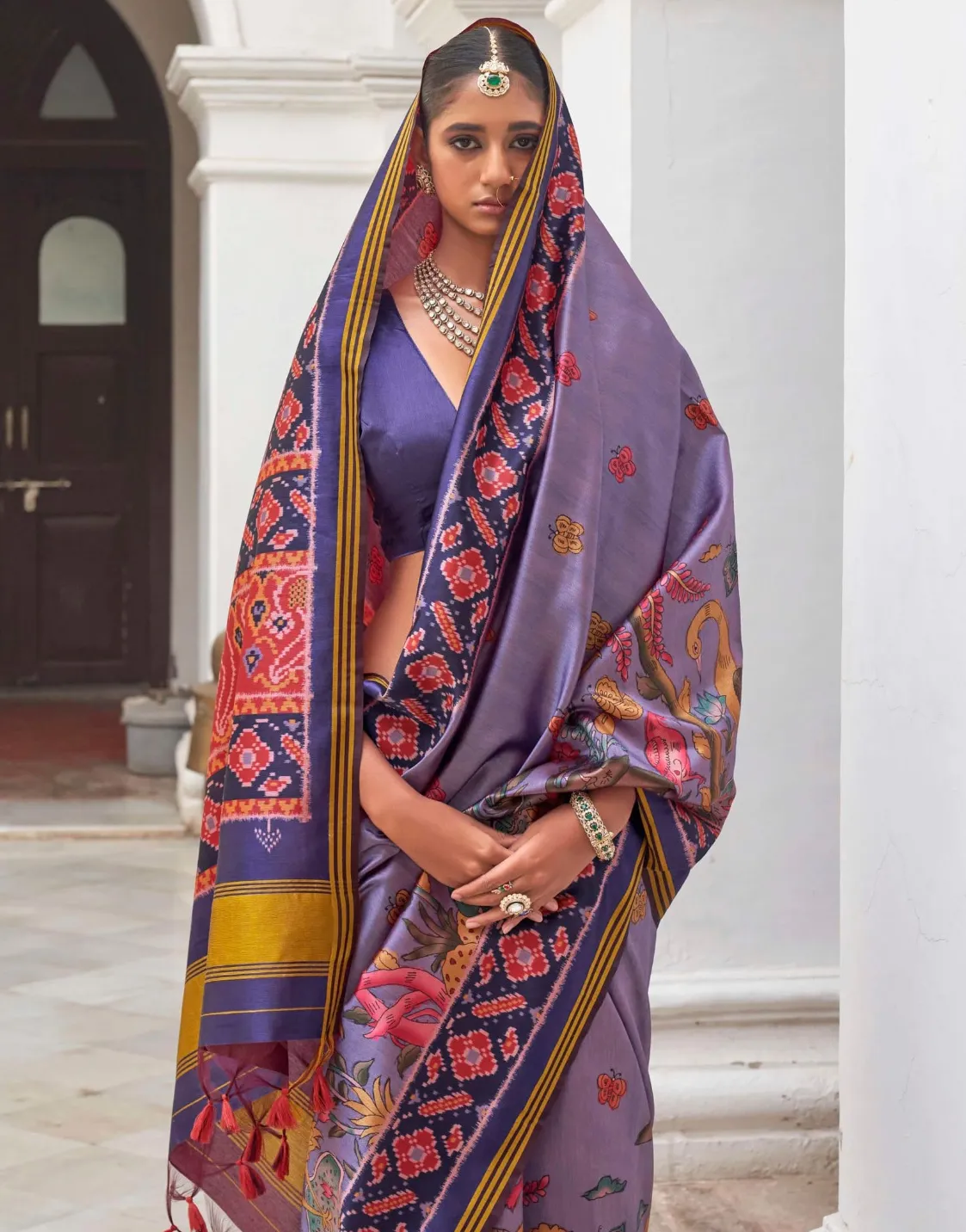 Purple Superior Twill P.V.Silk Patola Print Traditional Saree - Image 2