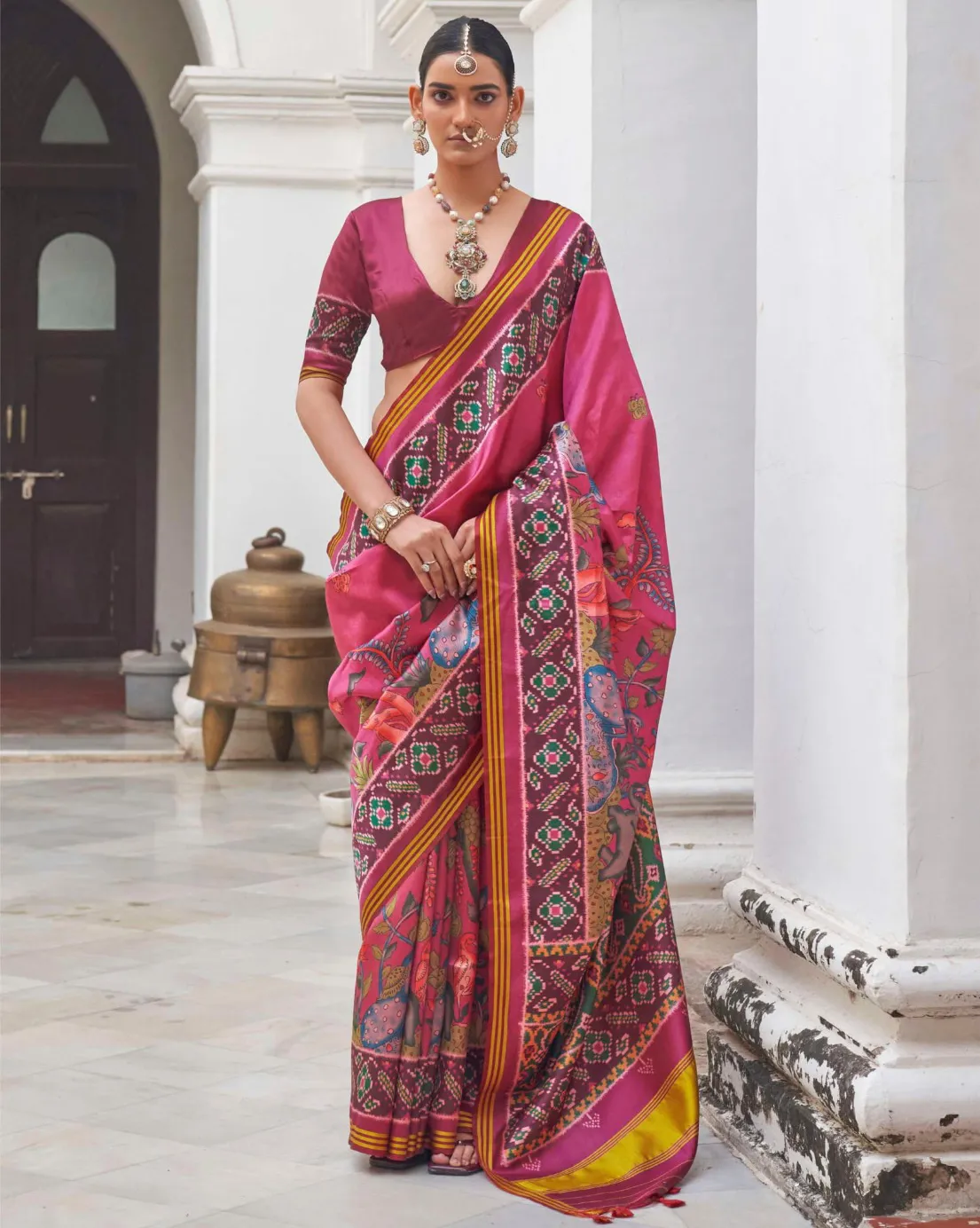 Pink Superior Twill P.V.Silk Patola Print Traditional Saree