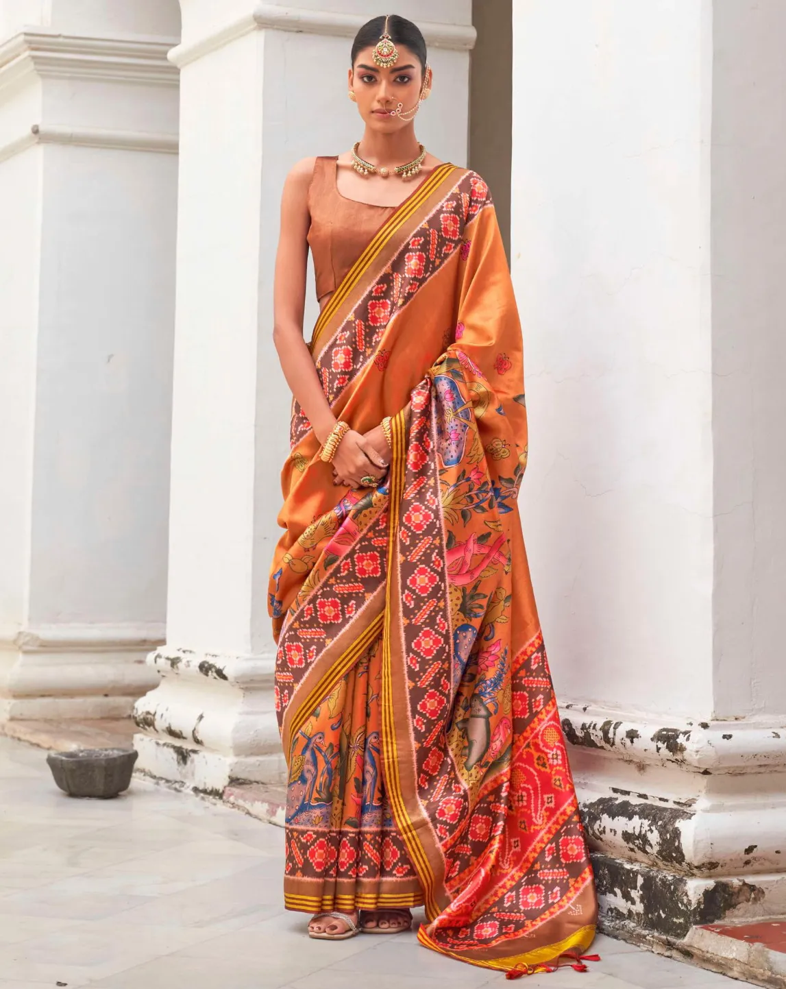 Orange Superior Twill P.V.Silk Patola Print Traditional Saree