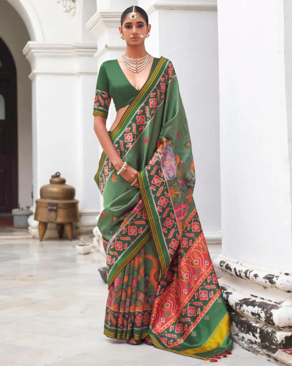 Green Superior Twill P.V.Silk Patola Print Traditional Saree