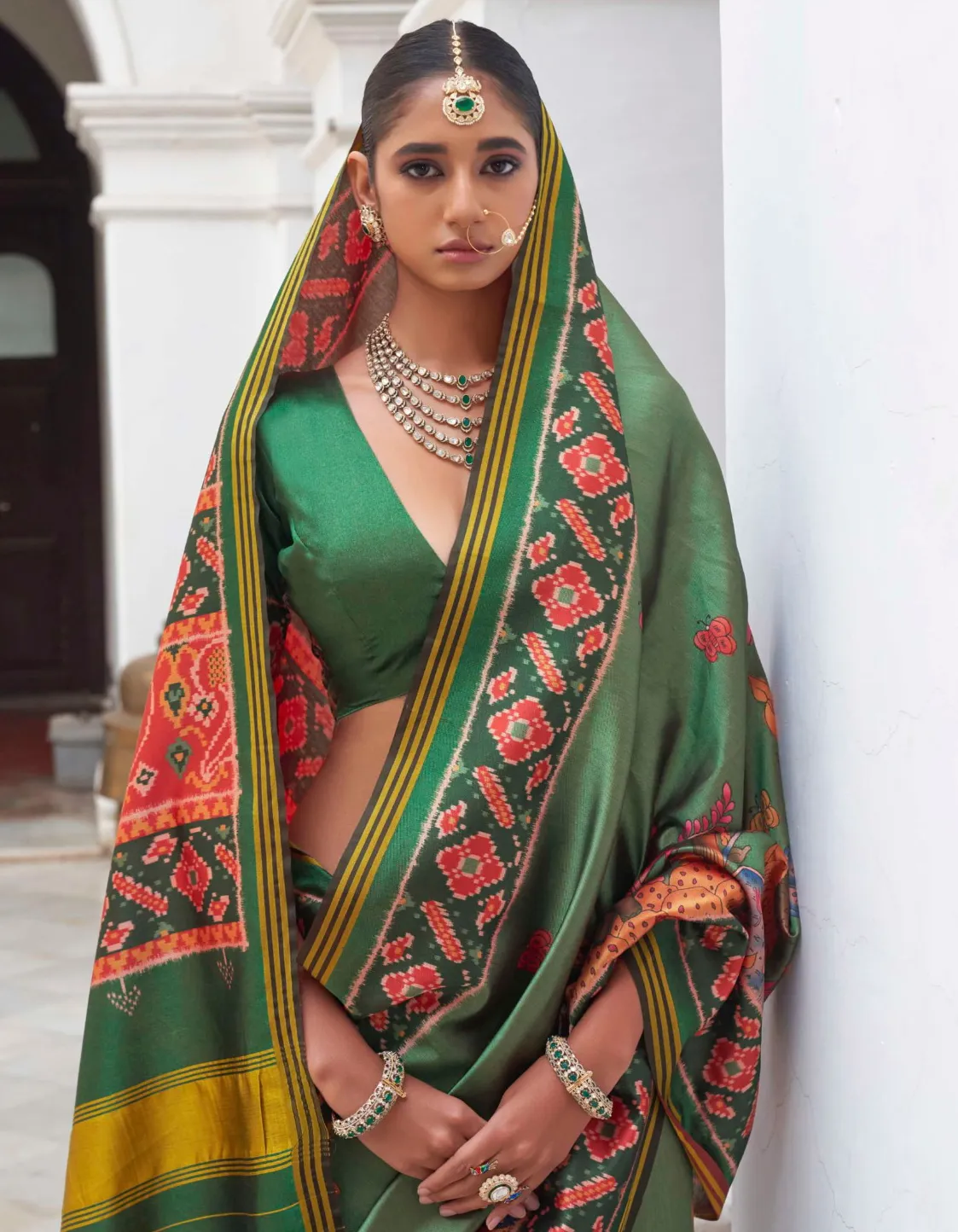Green Superior Twill P.V.Silk Patola Print Traditional Saree - Image 2