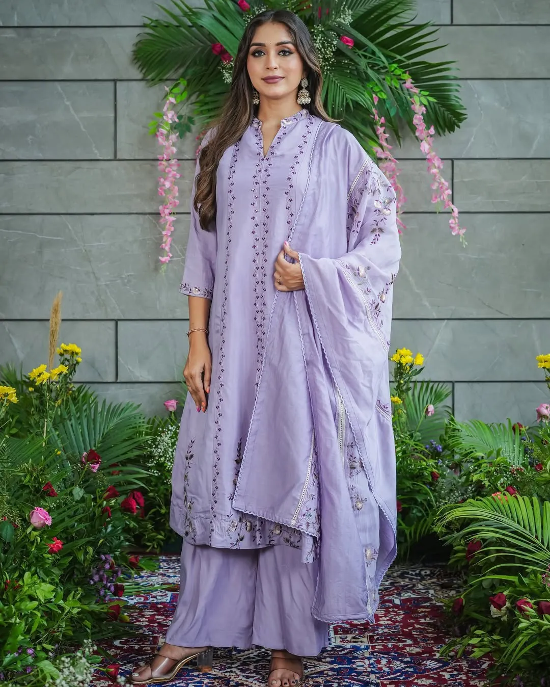 Lavender Pure Soft Muslin Cotton Embroidered Readymade Salwar Suit