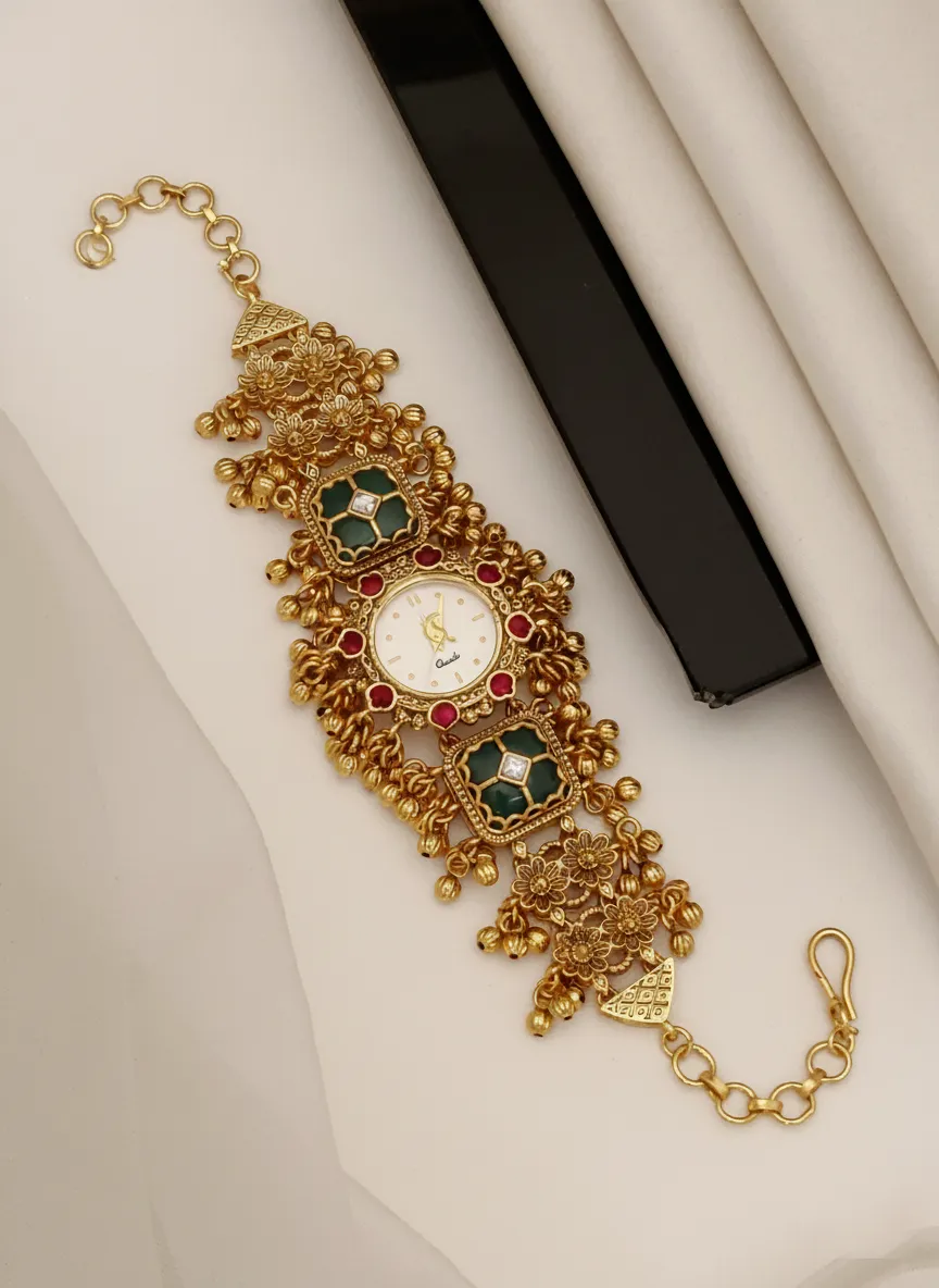 Green And Red Stones Antique Gold Finish Bracelet Watch