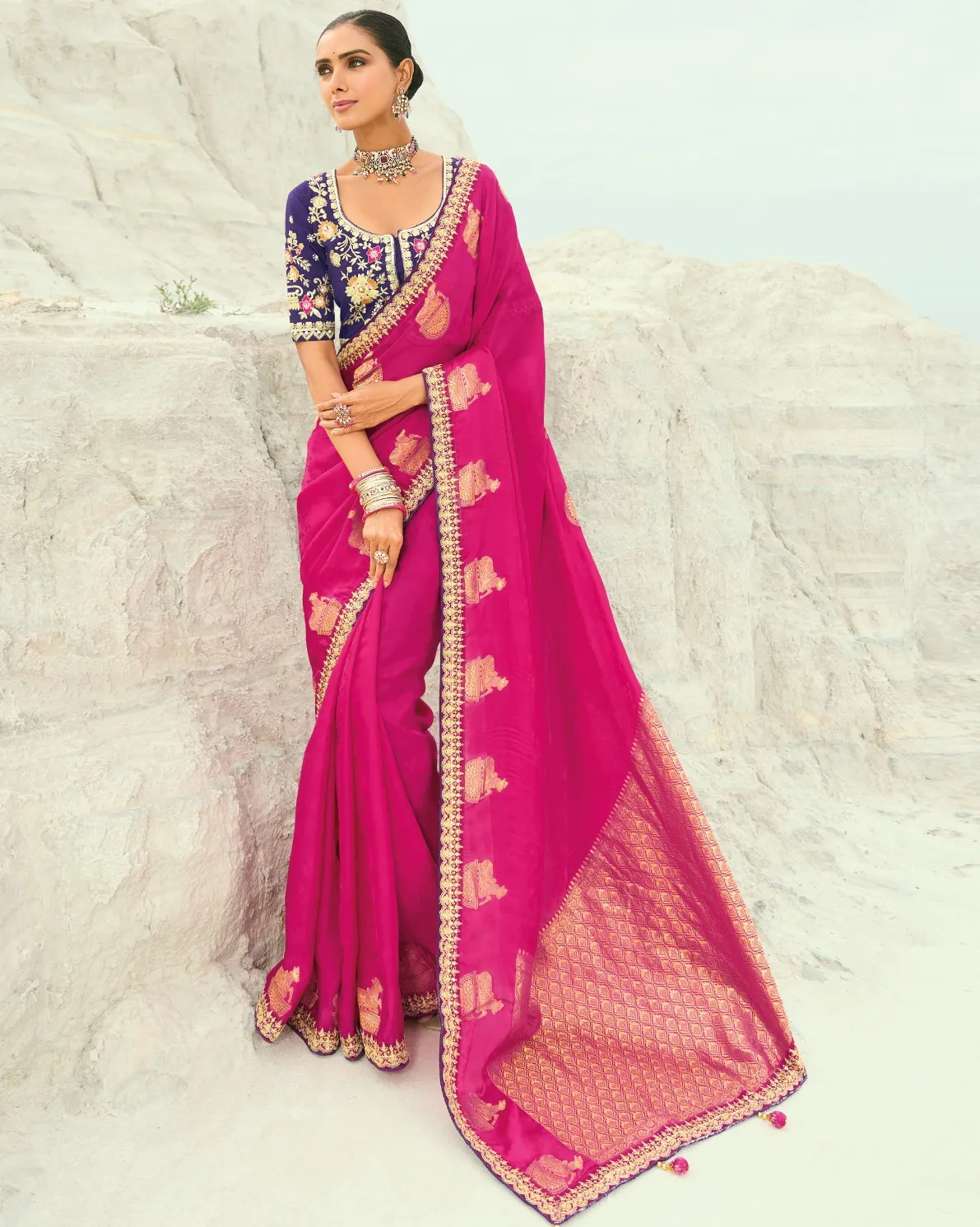 Magenta Pink Pure Organza Viscose Satin Border Work Saree