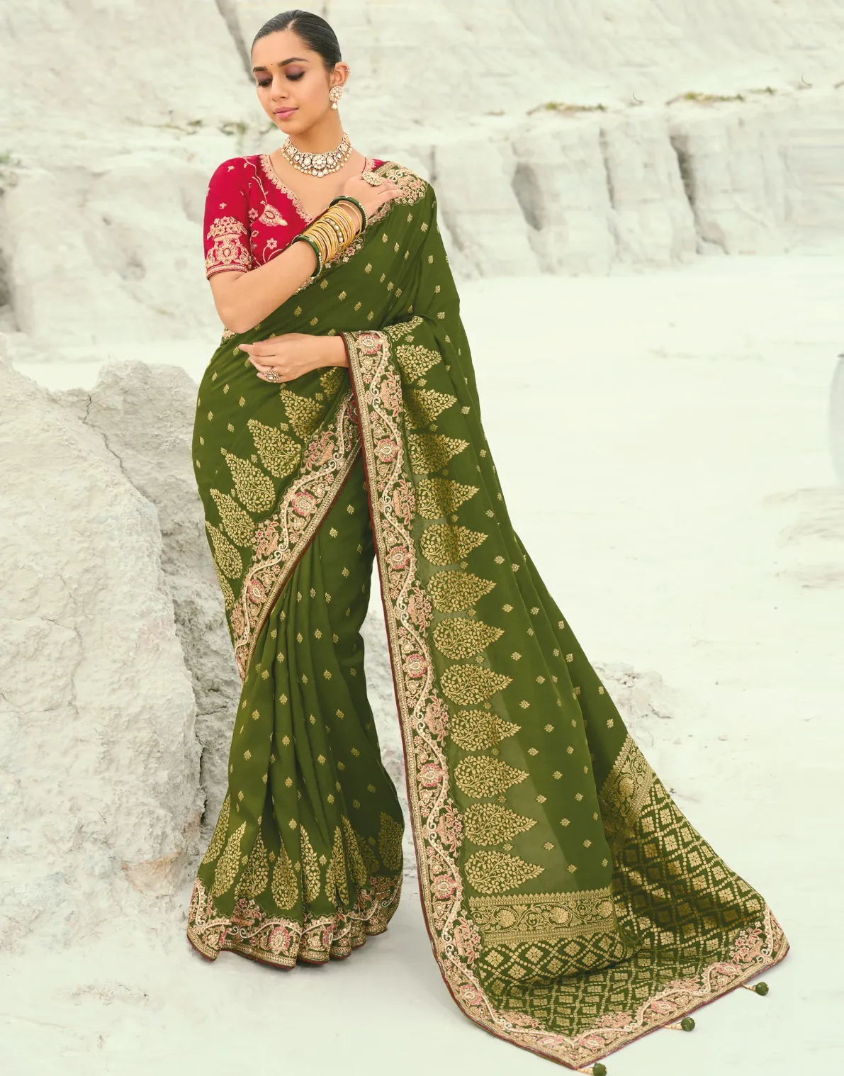 Olive Green Pure Dola Viscose Moti Work Designer Saree