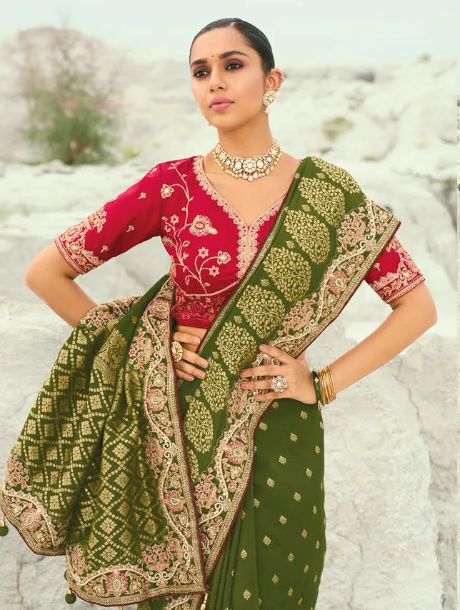 Olive Green Pure Dola Viscose Moti Work Designer Saree - Image 2