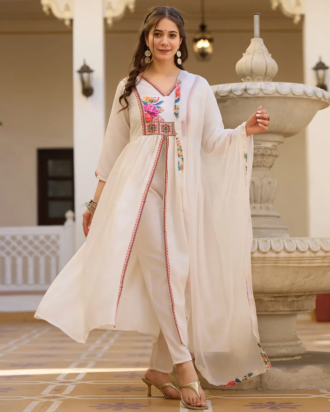 White Pure Viscose Silk Embroidered Readymade Salwar Suit