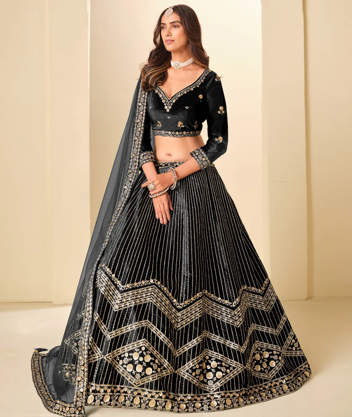 Black Velvet Golden Embroidered Party Wear Lehenga