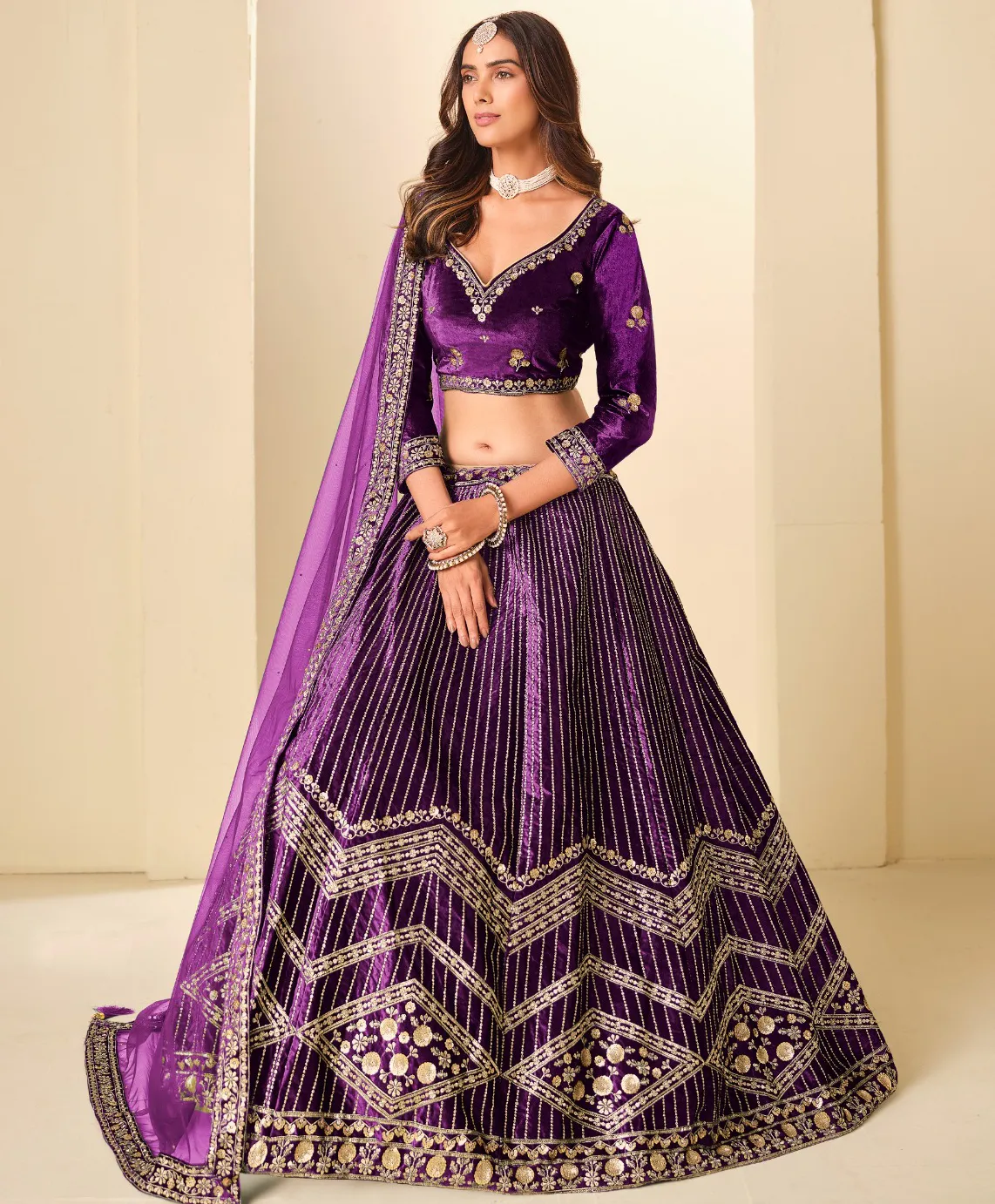 Purple Velvet Golden Embroidered Party Wear Lehenga
