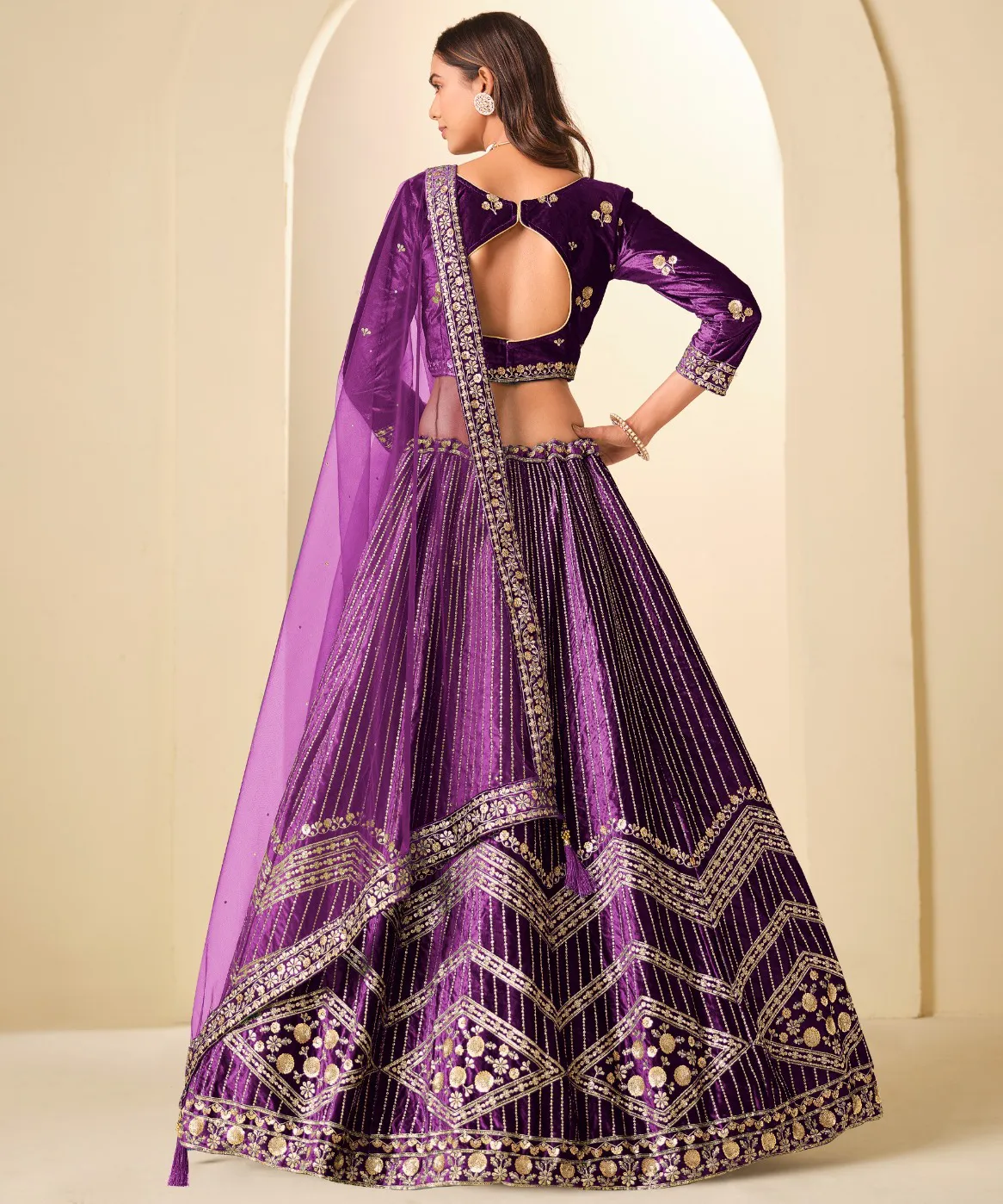 Purple Velvet Golden Embroidered Party Wear Lehenga - Image 2