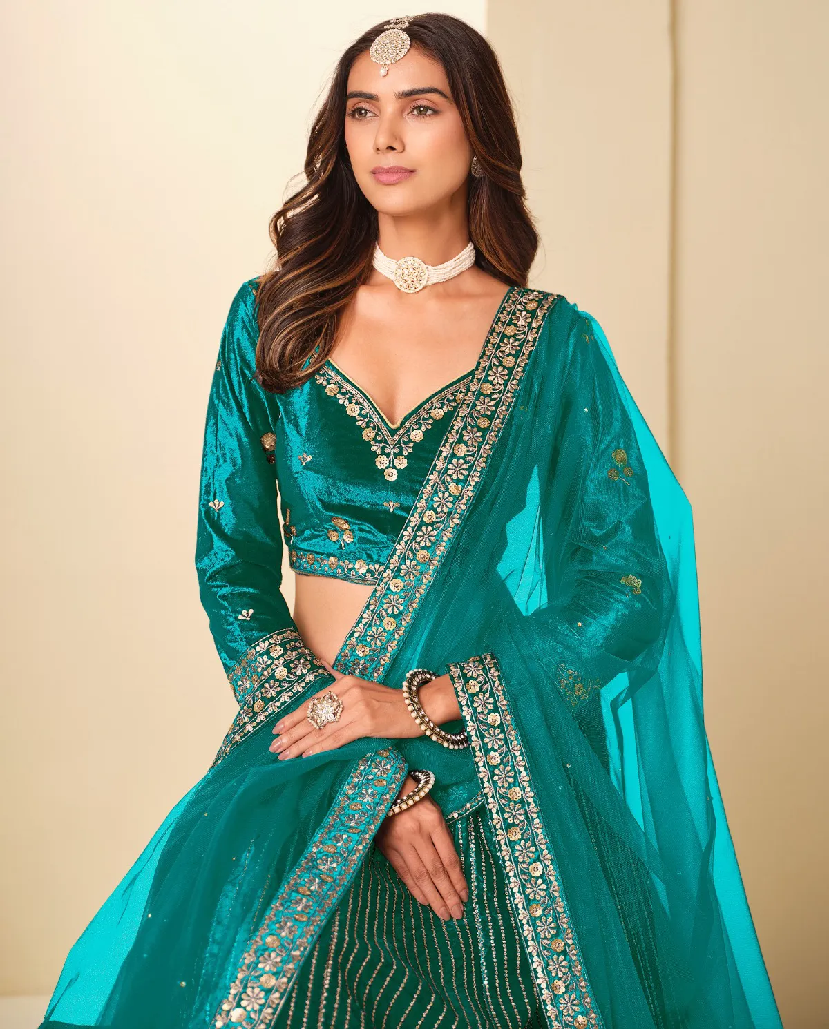 Teal Green Velvet Golden Embroidered Party Wear Lehenga - Image 3