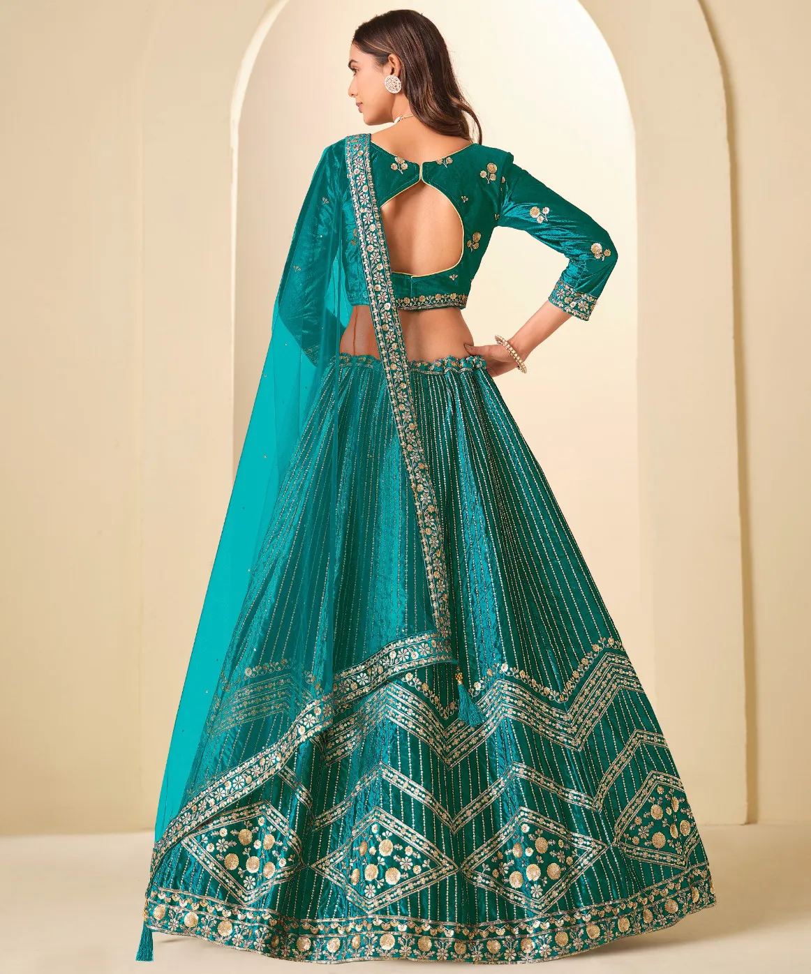 Teal Green Velvet Golden Embroidered Party Wear Lehenga - Image 2