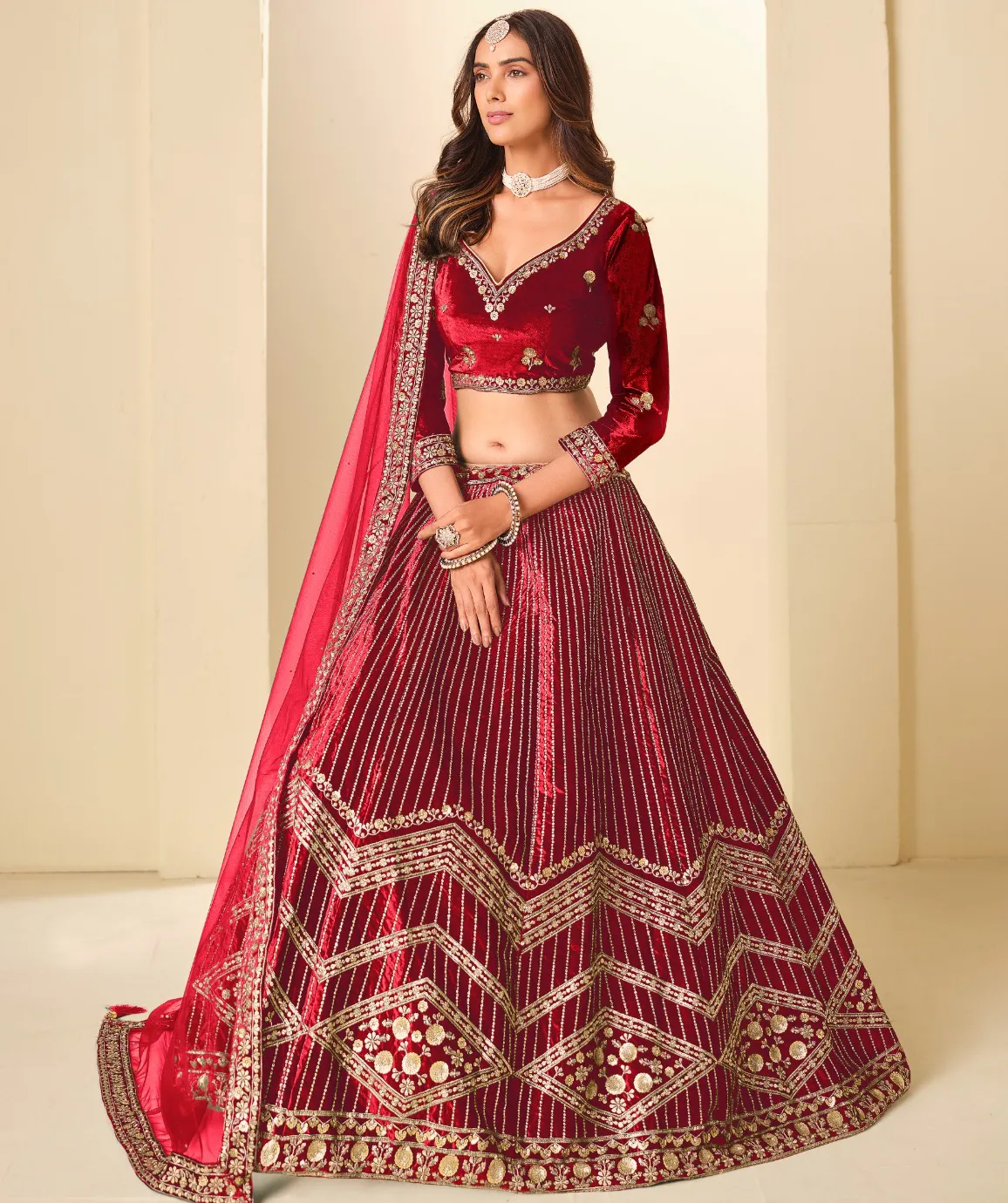 Red Velvet Golden Embroidered Party Wear Lehenga